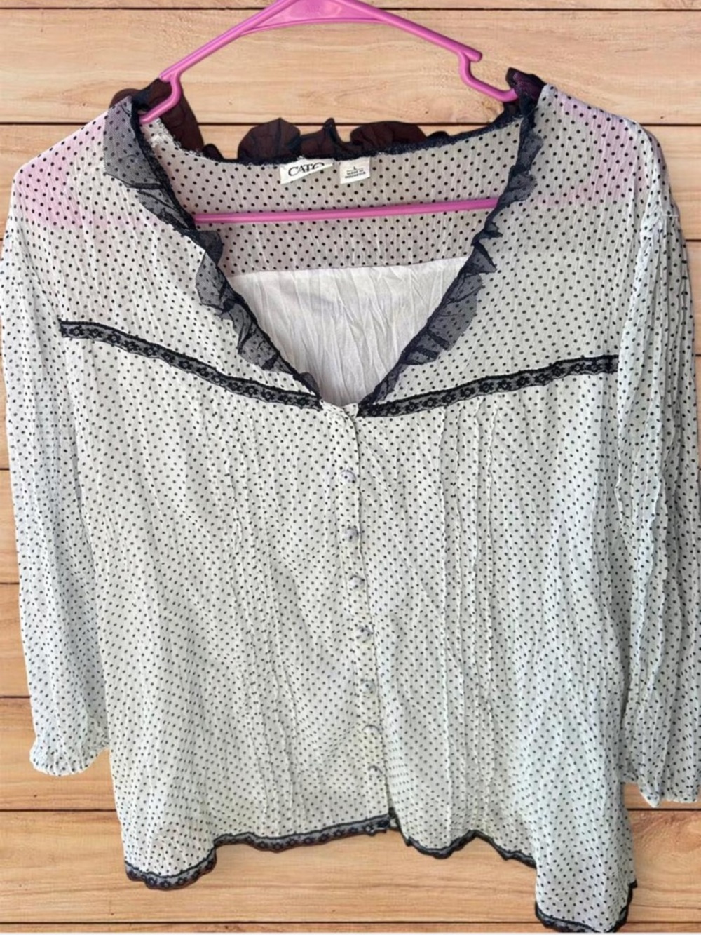 Cato White Sheer Polka Dot Blouse with Black Trim